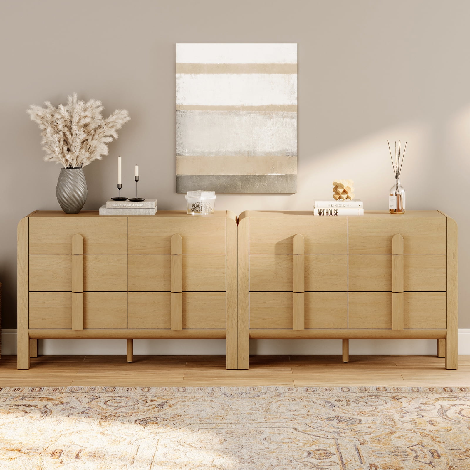 Mid Century 6 Drawer Dresser Set of 2, 94.4" Modern Chest of Drawers with Storage, Curved Profile Wood Double Dresser for Bedroom, Living Room, Hallway