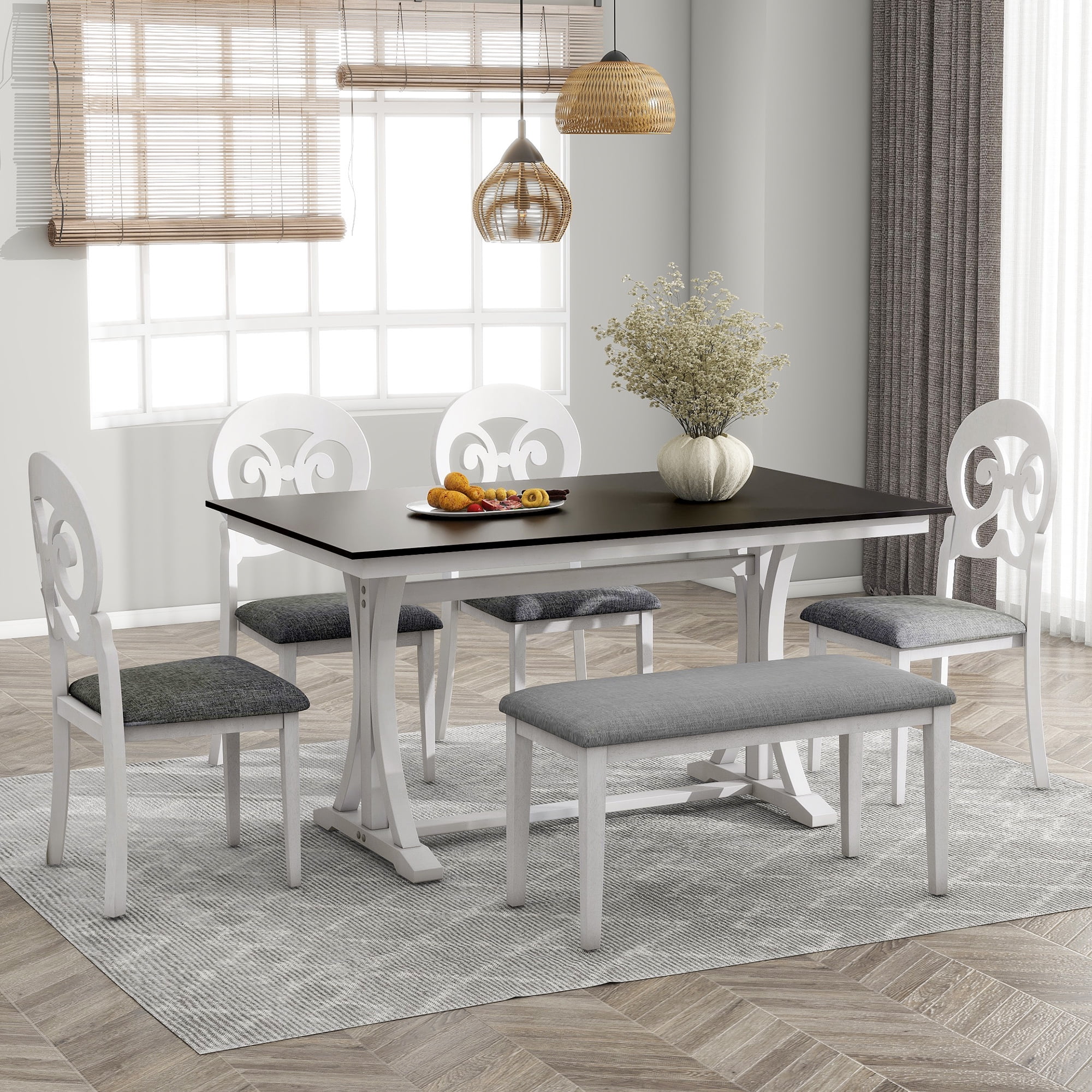 Mid-Century 6 Piece Counter Height Dining Room Set, Wooden Dining Table ...
