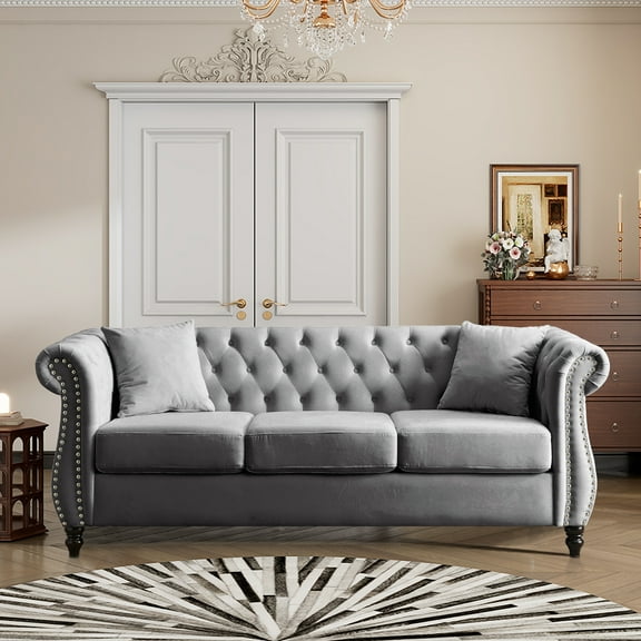 Mid-Century 80"L Couch, 3-Seat Couches and Sofas, Upholstered Sofa with Thicked Cushions, Modern Sofa with Wood Legs, Heavy Duty Couch Furniture for Home Living Room, 80"L x 29"W x 30"H, Gray