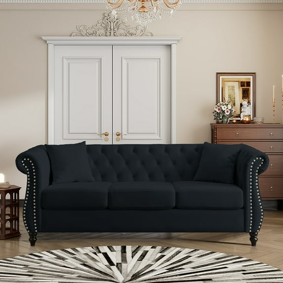 Mid-Century 80"L Couch, 3-Seat Couches and Sofas, Upholstered Sofa with Thicked Cushions, Modern Sofa with Wood Legs, Heavy Duty Couch Furniture for Home Living Room, 80"L x 29"W x 30"H, Black