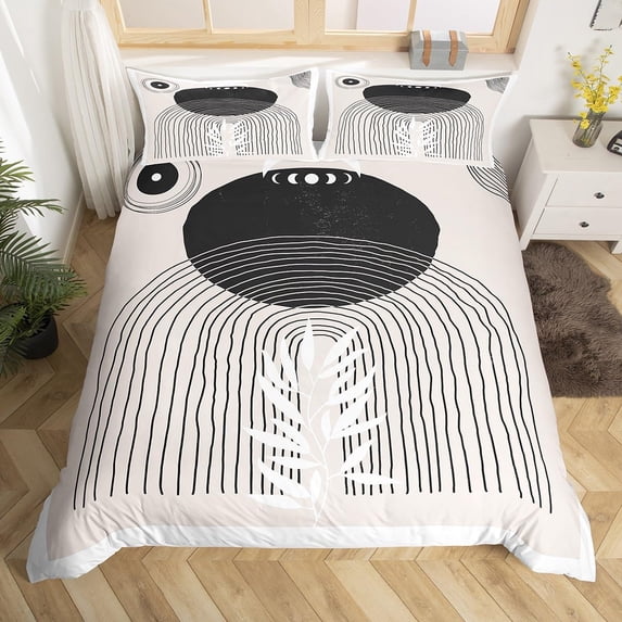 Mid Century Abstract Bedding Sets Grey Black Comforter Cover Geometric Aesthetic Bed Set Minimalism Duvet Cover Modern Lines Artwork Quilt Cover Microfiber Breathable