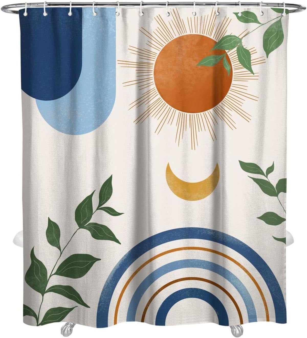 Mid Century Abstract Boho Aesthetic Shower Curtain Set, Blue Nature