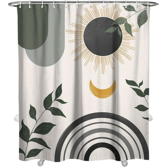 Mid Century Abstract Boho Aesthetic Shower Curtain Set, Gray Nature Leaf Sun Modern Minimalist Home Bathroom Curtain Decor with 12 Hooks 72 Inch Wide * 84 Inch High Grey