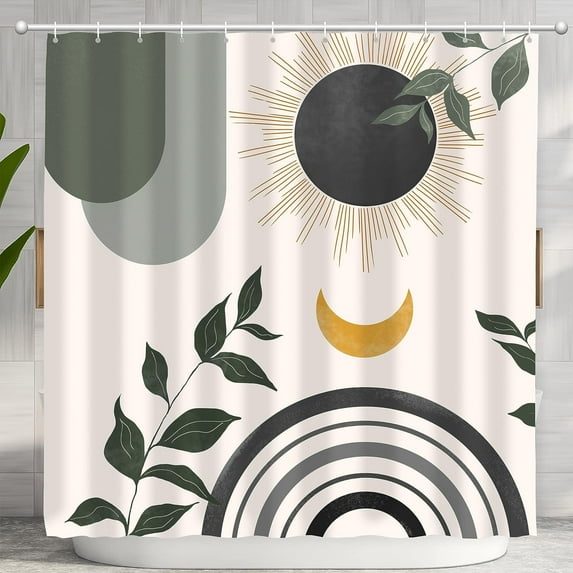 Mid Century Abstract Boho Aesthetic Shower Curtain Set, Gray Nature Leaf Sun Modern Minimalist Home Bathroom Curtain Decor with 12 Hooks 72x72 Inches Grey