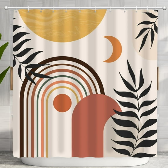 Mid Century Abstract Boho Aesthetic Shower Curtain Set, Green Nature Leaf Sun Modern Minimalist Home Bathroom Curtain Decor with 12 Hooks 72 Inch Wide * 72 Inch High