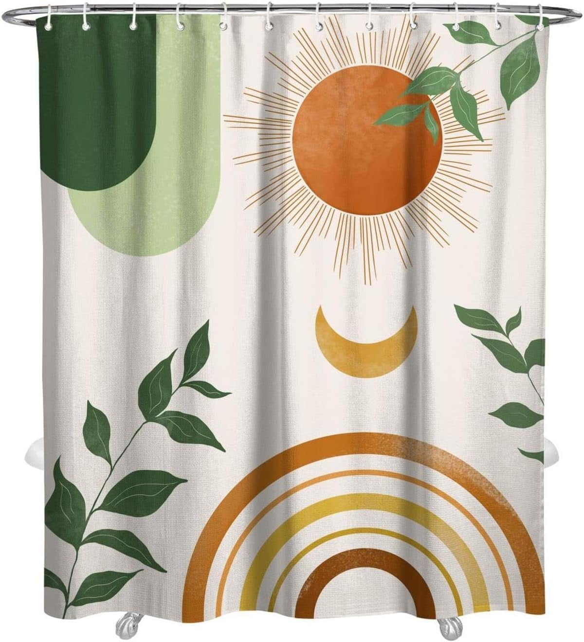 Mid Century Abstract Boho Aesthetic Shower Curtain Set, Green Nature Leaf Sun Modern Minimalist