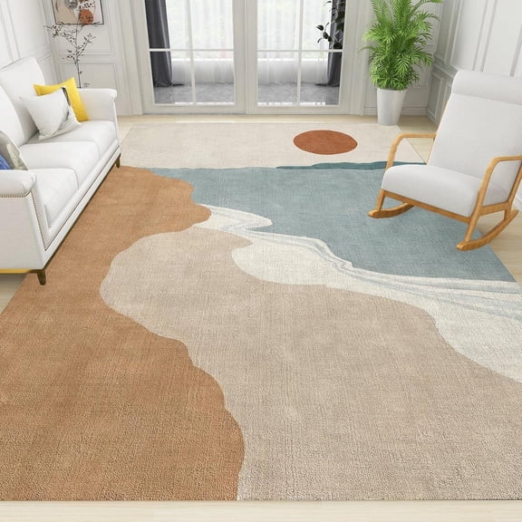 Mid Century Abstract Boho Area Rug, Modern Minimalist Sun And Mountain Indoor Non-Slip Rugs, For Room Sofa Living Room Mat Bedroom Home Decor Floor Mats 4x5ft