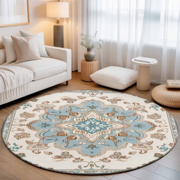 Mid Century Abstract Boho Flower Round Rug 5ft Retro Terracotta Pattern Washable Area Rugs for Living Room Bedroom Entryway Non Slip Entrance Door Mat Indoor Floor Carpet