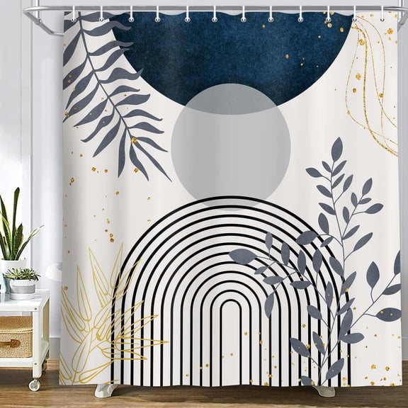 Mid Century Abstract Boho Navy Blue Aesthetic Shower Curtain, Modern Nature Leaf Modern Minimalist Geometric Arch Sun Art Printed Home Bath Accessories Bathroom Curtain Decor with 12 Hooks 47X64in