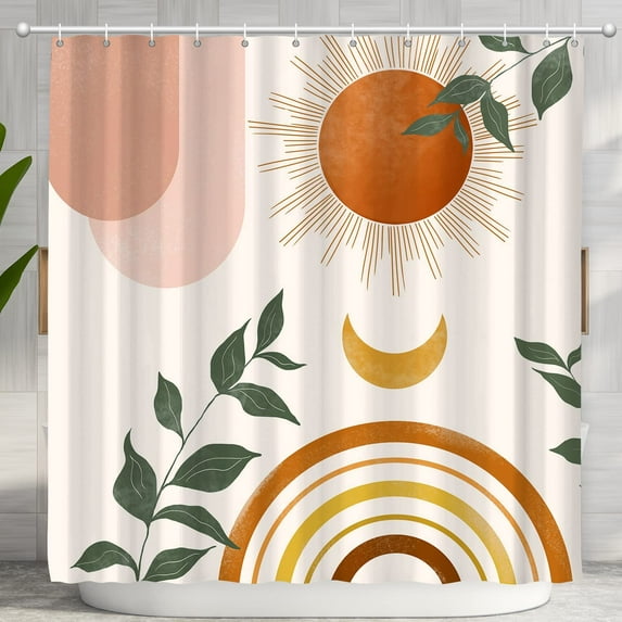 Mid Century Abstract Boho Orange Aesthetic Shower Curtain Set, Green Nature Leaf Sun Modern Minimalist Home Bathroom Curtain Decor with 12 Hooks 84 Inch Wide * 72 Inch High