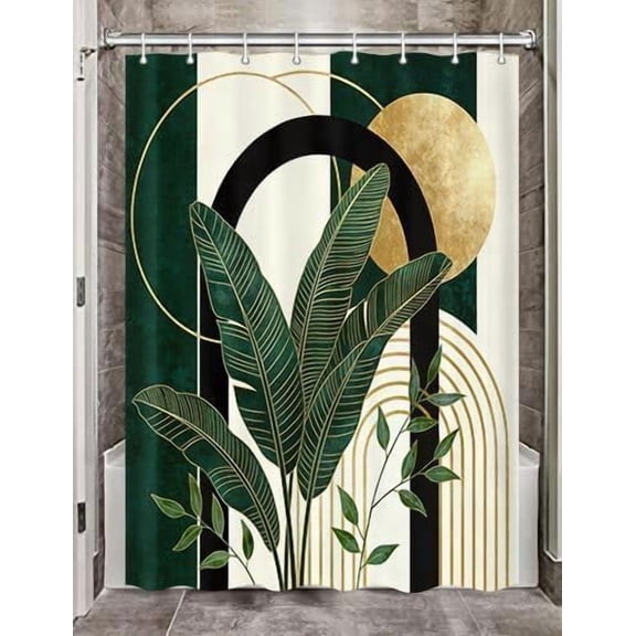 Mid Century Abstract Boho Sage Green Aesthetic Shower Curtain Set, Spring Summer Sage Green Shower Curtain Nature Leaf Sun Modern Minimalist Shower Curtains Decor with Hooks 36x72 Inches