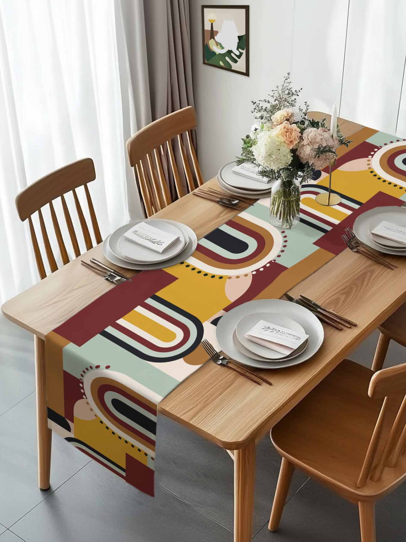 Mid Century Abstract Ethnic Art Table Runner 90 Inches Long, Yellow Brown Geometric Color Block Table Runners Tabletop Scarf Kitchen Dining Tables Decoration for Home Party Indoor Outdoor