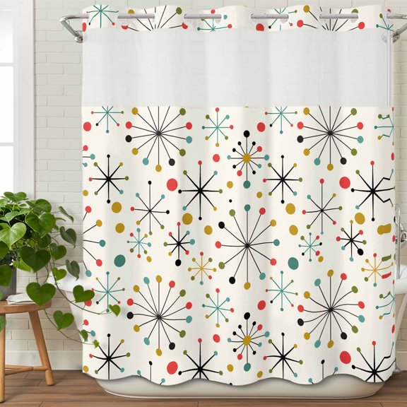 Mid Century Abstract Geometric No Hook Shower Curtain with Snap in Liner Set,Modern Colorful Atomic Waterproof Fabric Shower Curtains with See Through Top Window for Bathroom,72Wx72L