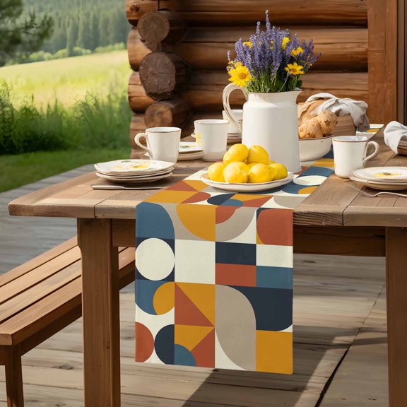 Mid Century Abstract Geometric Nordic Style Table Runner 70 Inch Long Retro Color Block Table Runners Linen Burlap Tablerunner for Kitchen Dining Room Holiday Party