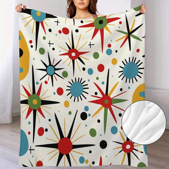 Mid-Century Abstract Geometric Throw Blanket - Soft Fleece, 280GSM, Colorful Starburst Pattern for Couch, Bed, Office - All Season Gift for Adults & Kids