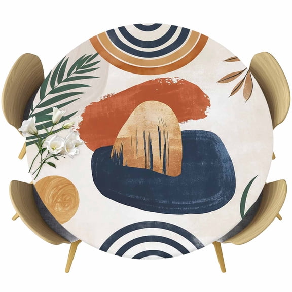Mid Century Abstract Geometric Tropical Leaf Fitted Round Tablecloths 36"-44",Waterproof Table Cloth for Kitchen Holiday Party Tables Decor