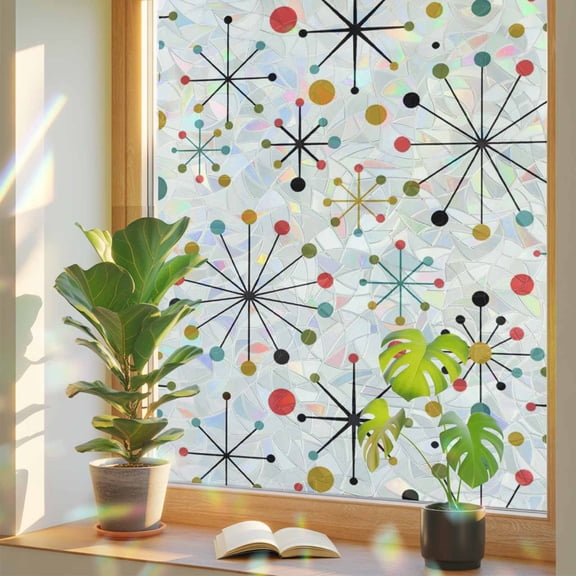 Mid Century Abstract Geometric Window Privacy Film, Rainbow Film Decorative Window Sticker 17.7x39.3in, Modern Colorful Atomic Sun Blocking Static Stained Glass Cling Tint Non-Adhesive