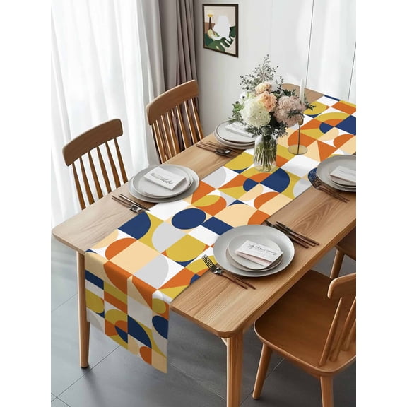 Mid Century Abstract Nordic Style Table Runner 13x70in Non-Slip Cotton Linen Table Runners, Circle Square Art Dresser Scarves TableRunner for Dinner Kitchen Dining Wedding Party