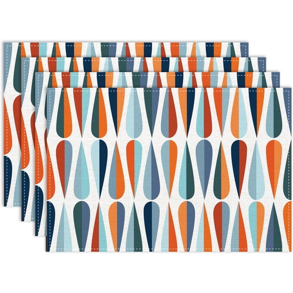 Mid Century Abstract Placemat Set of 4, 12x18 Inch Retro Atomic Geometric Pattern 1950s Blue Groovy Modern Style Coffee Table Mats for Outdoor Farmhouse Kitchen Dining Table Decoration