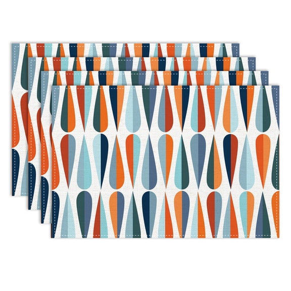 Mid Century Abstract Placemat Set of 4, 12x18 Inch Retro Atomic Geometric Pattern Blue Groovy Modern Style Coffee Table Mats for Outdoor Farmhouse Kitchen Dining Table Decoration