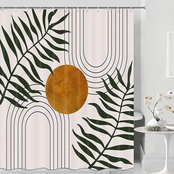 Mid Century Abstract Shower Curtain For Bathroom, Boho Neutral Minimalist Modern Boho Art Geometric Leaf Plant Bath Curtains, Terracotta Arch Curve Sun Bathtub Curtains 48"W x 72"L (Pack of 1)