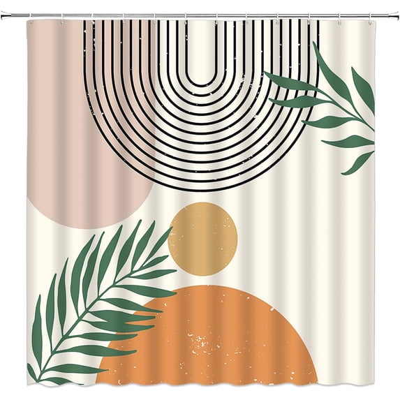 Mid Century Abstract Shower Curtain Boho Arch Sun Leaves Beige Modern Line Art Minimalistic Fabric Bathroom Curtains Decor Set with Hook (84" Wx72 H)