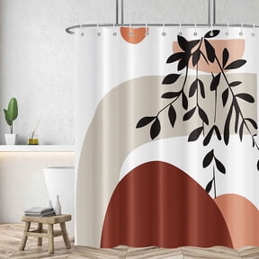 Mid Century Abstract Shower Curtain Boho Minimalist Style Geometric Semicircle and Plant Modern