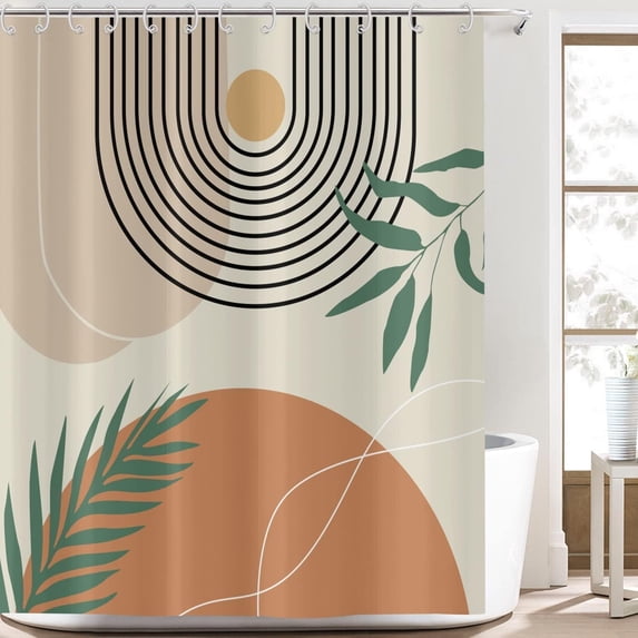 Mid Century Abstract Shower Curtains, Weighted Bottom Modern Boho Terracotta Minimalist Geometric Arch Botanical Plants Leaf Bathroom Curtain Waterproof Fabric Washable with Hooks,72"x72"