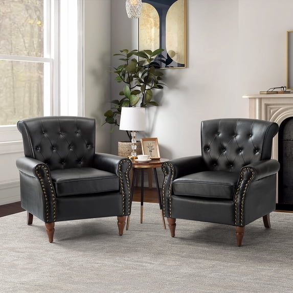 Tina's Home Mid-Century Accent Armchair Wingback Set of 2 with Wooden Tapered Legs & Upholstered Cushion for Home Living Room, Black