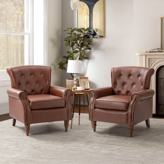 Tina's Home Mid-Century Accent Armchair Wingback Set of 2 with Wooden Tapered Legs & Upholstered Cushion for Home Living Room, Brown