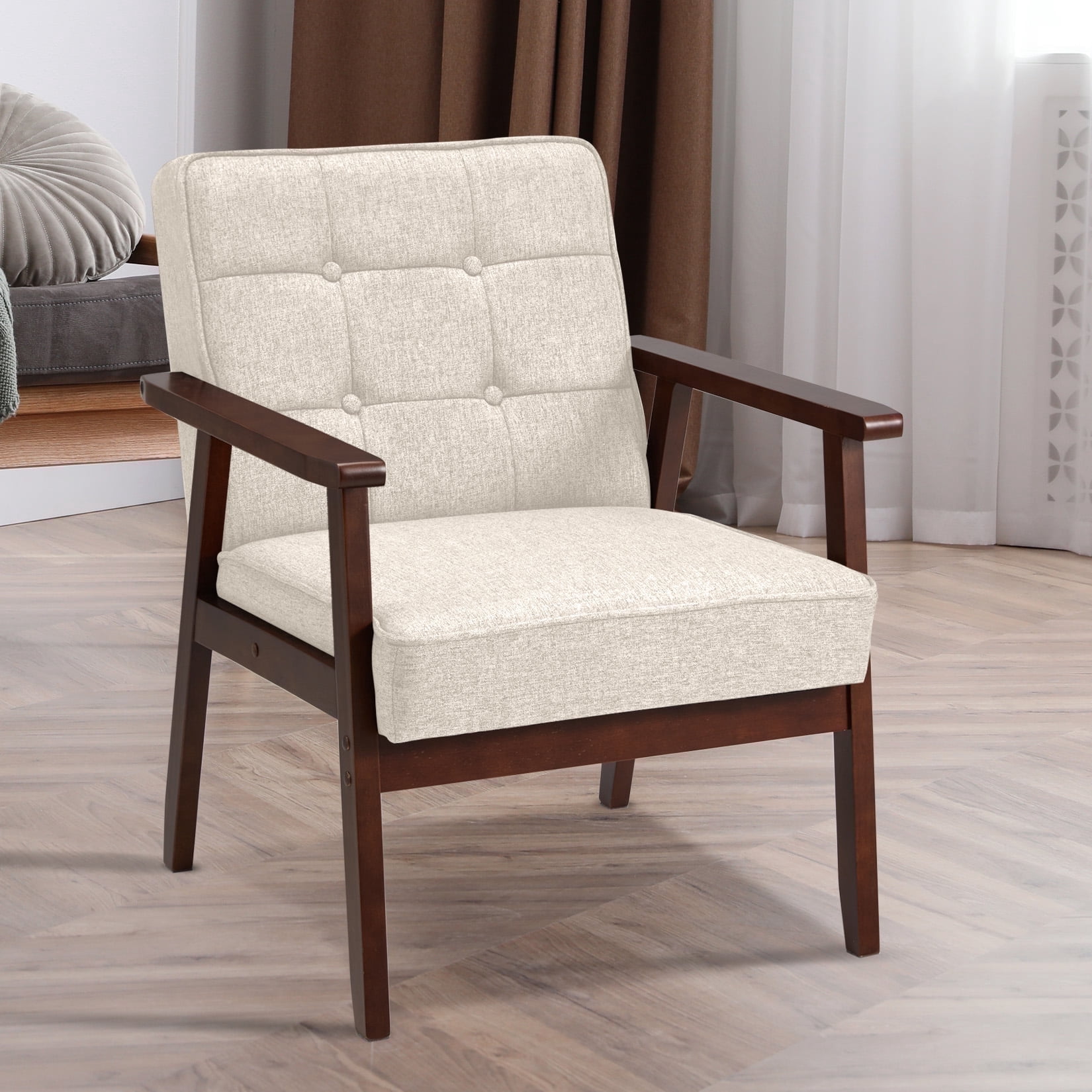 Avocahom Mid Century Accent Chair with Armrest, Retro Leisure Reading Armchair, Comfy Leisure Chair Living Room Chair, Modern Linen Upholstered Lounge Chair with Wood Frame for Office/Bedroom, Beige