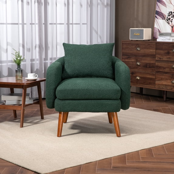 Mid-Century Accent Chair with Back Pillow, Teddy Fabric Upholstered Barrel Chair with Padded Cushion, Comfy Single Sofa with Wood Frame, Leisure Armchair for Living Room Bedroom Office, Emerald