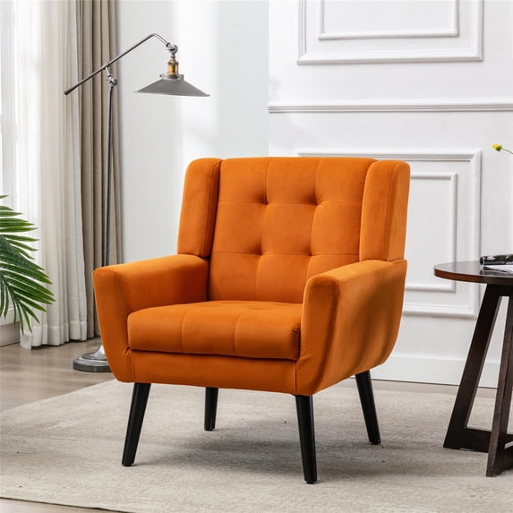 Mid Century Accent Chair, Button Tufted Upholstered Sofa Chairs, Modern Velvet Ergonomic Armchair for Living Room Bedroom, Reading, Orange
