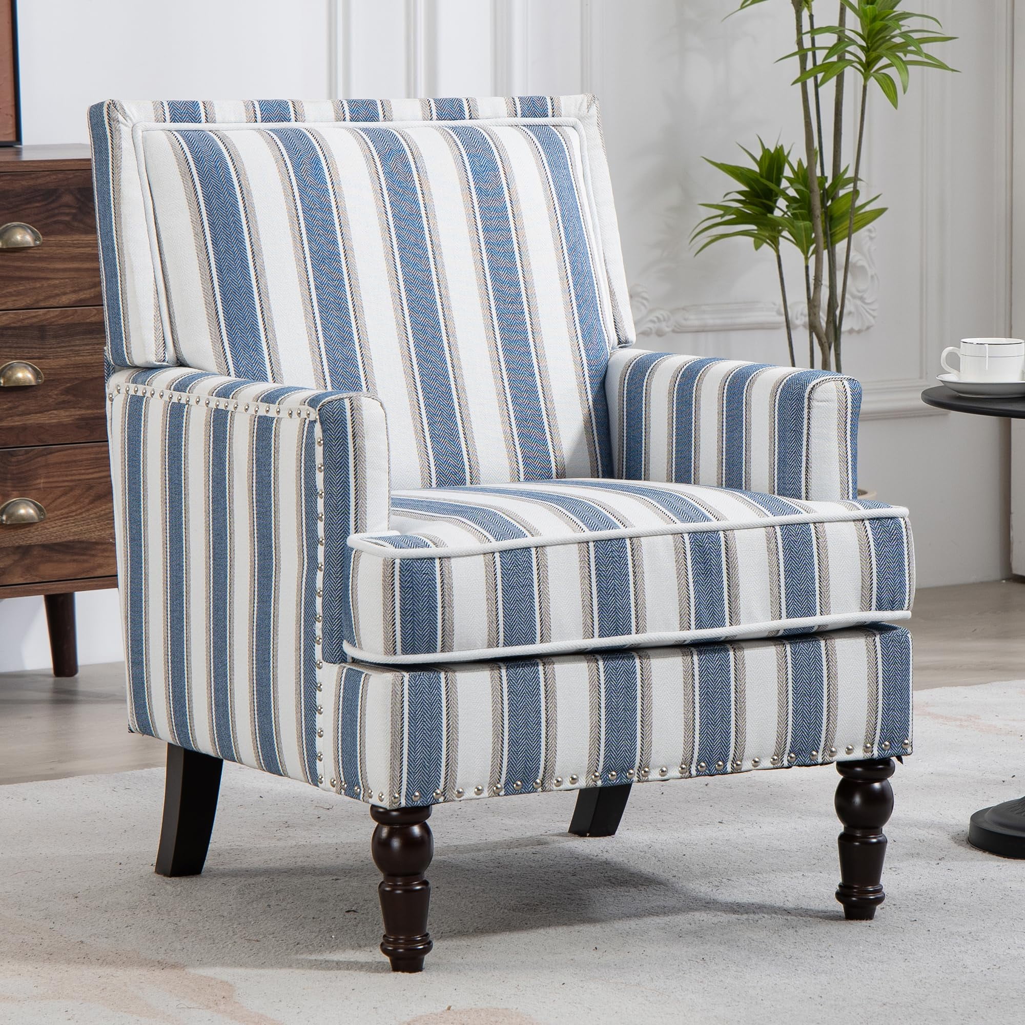 Mid Century Accent Chair Comfy Armchair with Wooden Legs & Nailhead Trim, Blue and White Striped Vintage Arm Chair, Blue