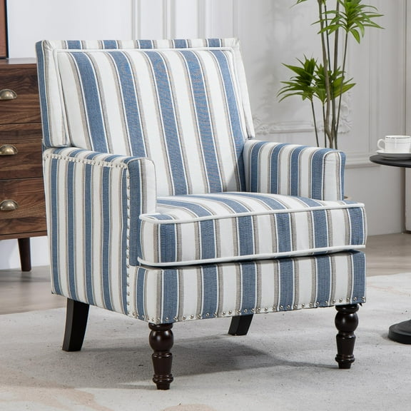 Mid Century Accent Chair Comfy Armchair with Wooden Legs & Nailhead Trim, Blue and White Striped Vintage Arm Chair, Blue