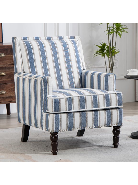 Mid Century Accent Chair Comfy Armchair with Wooden Legs & Nailhead Trim, Blue and White Striped Vintage Arm Chair, Blue