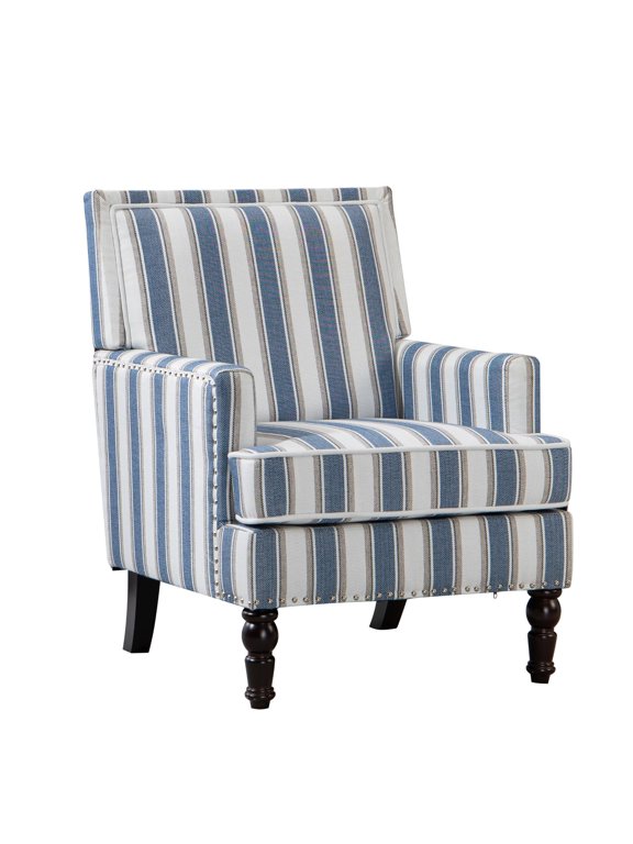 Mid Century Accent Chair Comfy Armchair with Wooden Legs & Nailhead Trim, Blue and White Striped Vintage Arm Chair, Blue