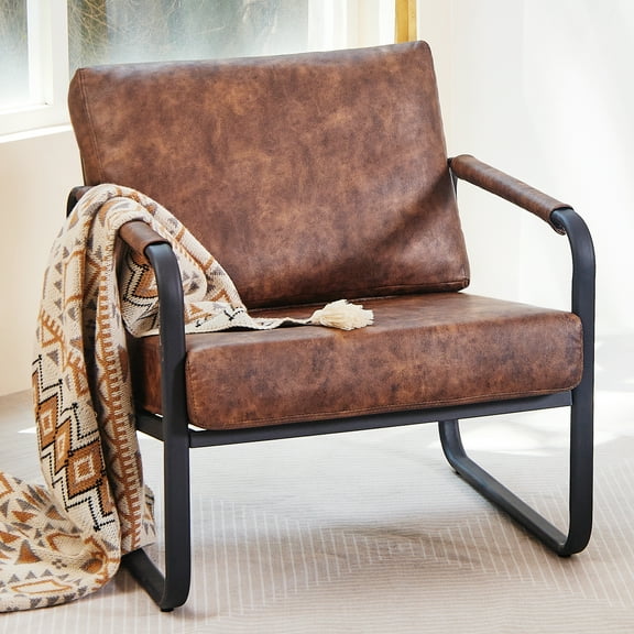Mid-Century Accent Chair Leather Comfy Armchair with Metal Frame Living Room Sofa Chair Lounge Side Chair, Brown