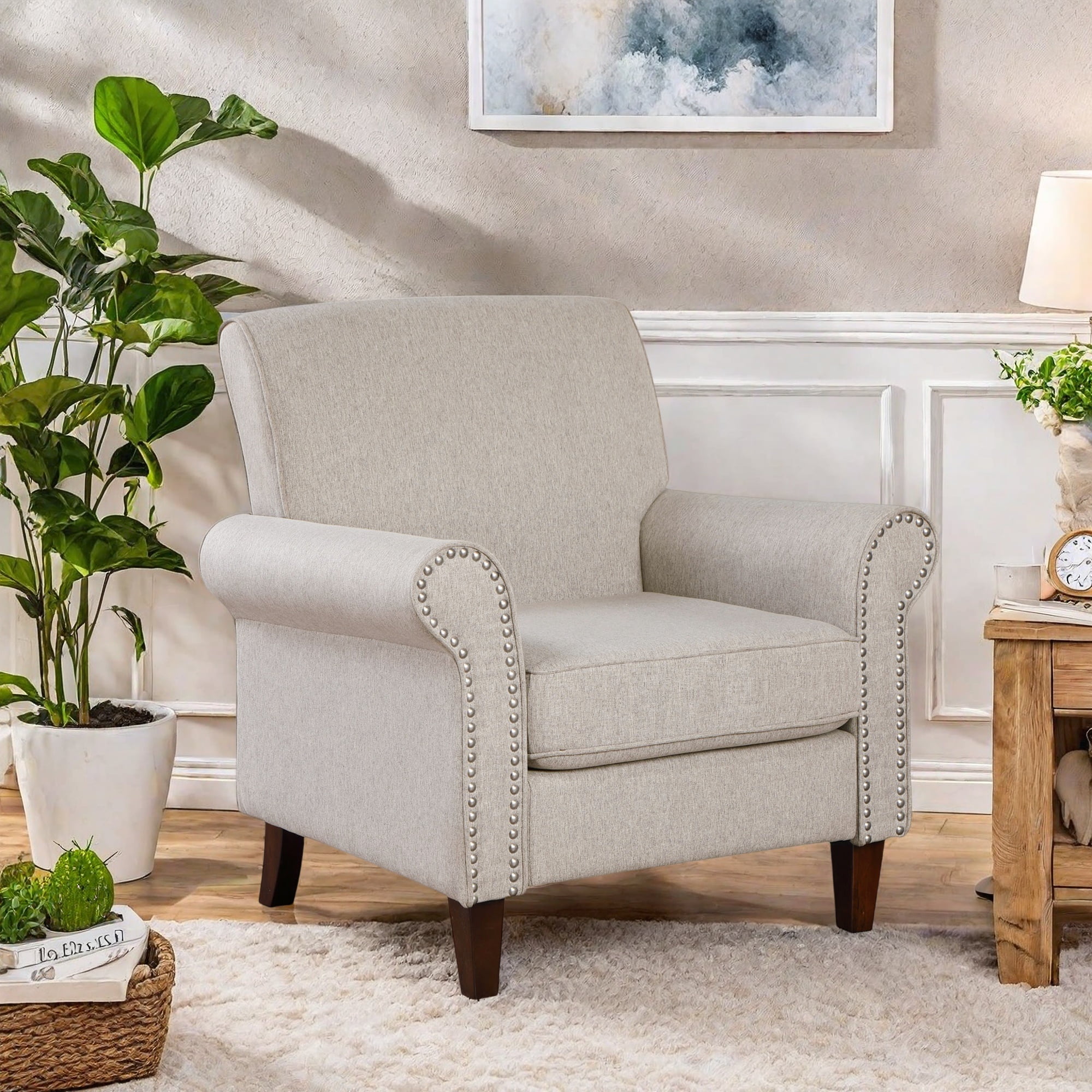Mid-Century Accent Chair,Modern Cozy Armchair for Living Room,Comfy Reading Sofa Chairs for Bedroom, Beige