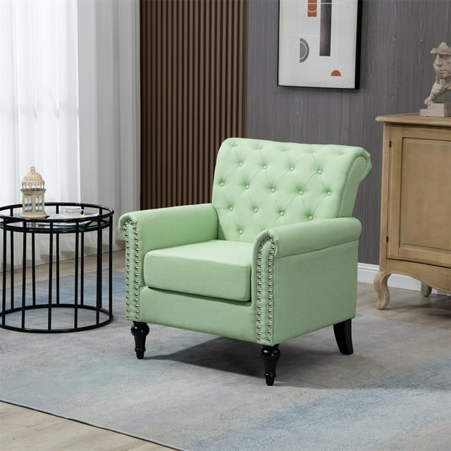 Mid-Century Accent Chair, Modern Linen Armchair with Tufted Wingback ...