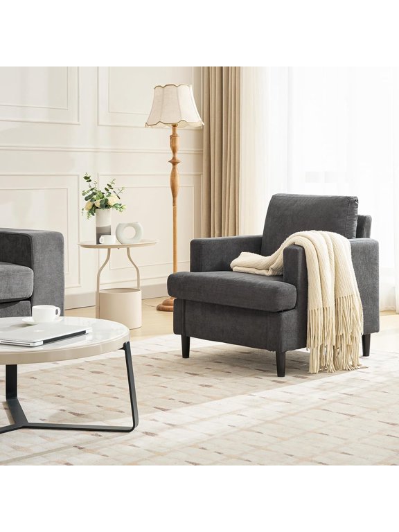 Mid-Century Accent Chair,Modern Linen Fabric Armchair Comfy Upholstered Reading Accent Chairs with Thick Cushion & Leg, Deep Seat & No Assembly Required, Upholstered Sofa for Living Room, Bedroom