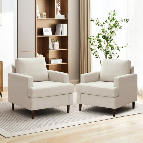 Weture Mid-Century Armchair, Linen Fabric Accent Chairs , Beige (Set of 2)