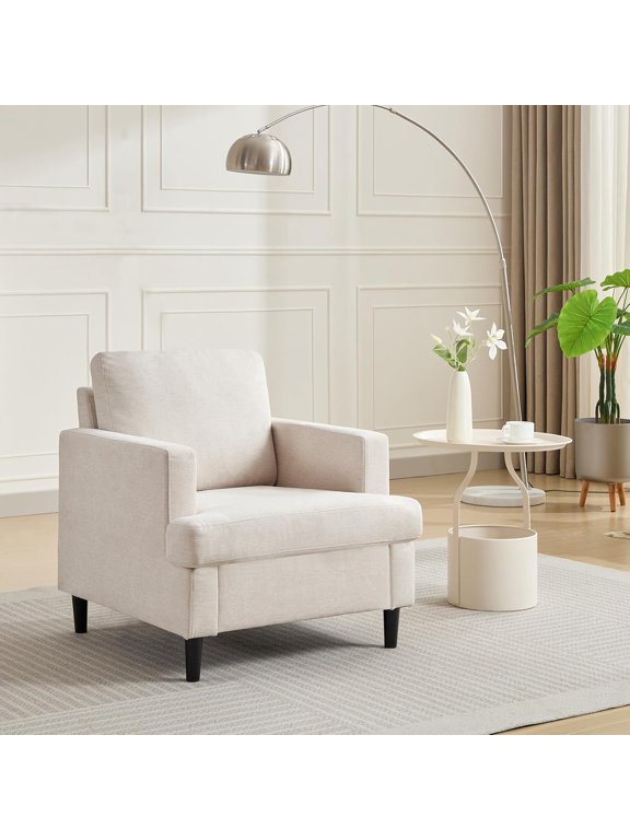Mid-Century Accent Chair, Modern Linen Fabric Armchair for Living Room, Comfy Upholstered Reading Accent Chairs, Single Sofa Chair withSol-idWood Legs for Bedroom Living Room