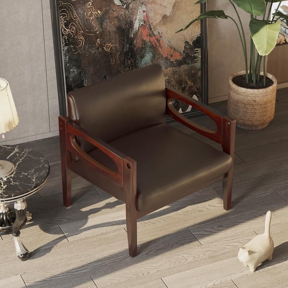 Mid Century Accent Chair, Oversized Upholstered Armchair, PU Leather Hollow Solid Wood Legs, Rustic Singel Sofa Chair 30.7'' W for Living Room, Bedroom, Reading Room, Office, Lounge, Espresso