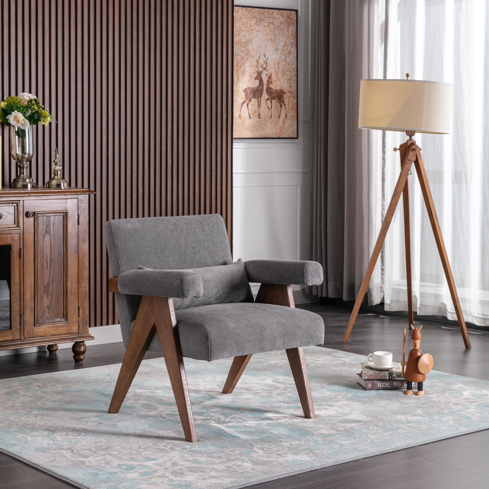 Mid Century Accent Chair, PU leather Lounge with Solid Wood Frame, Comfy Armchair with Lumbar