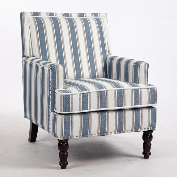 Mid-Century Accent Chair, Vintage Blue Striped Linen Armchair for Living Room, Upholstered Lounge Reading Chairs for Bedroom, Single Sofa Chair with Nailhead Trim & Wood Legs (Blue Striped)