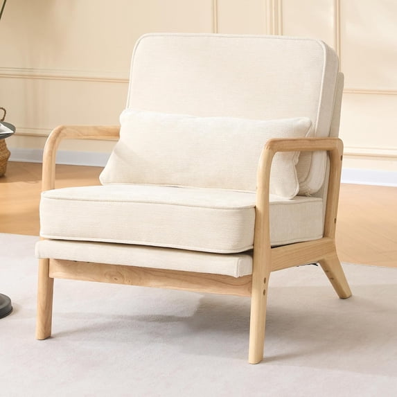 Mid-Century Accent Chair with Curved Wood Armrests & Lumbar Pillow, Upholstered Living Room Armchair, Comfy Reading Lounge Chair for Bedroom (Beige)