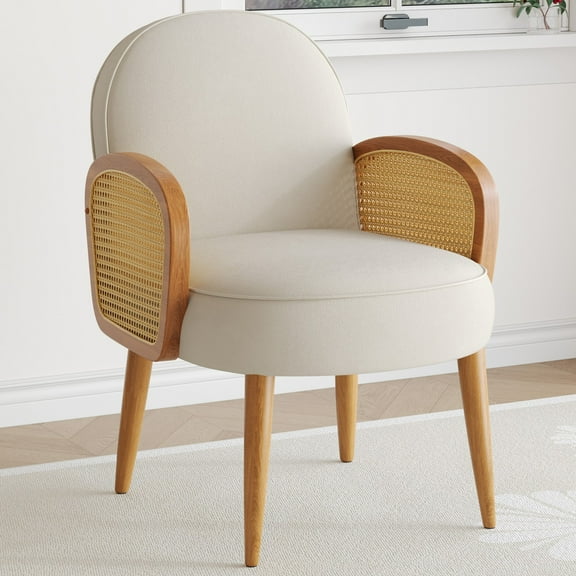 Mid-Century Accent Chair with Rattan Armrests and Wooden Legs, for Living Room Reading Bedroom Balcony, Ivory