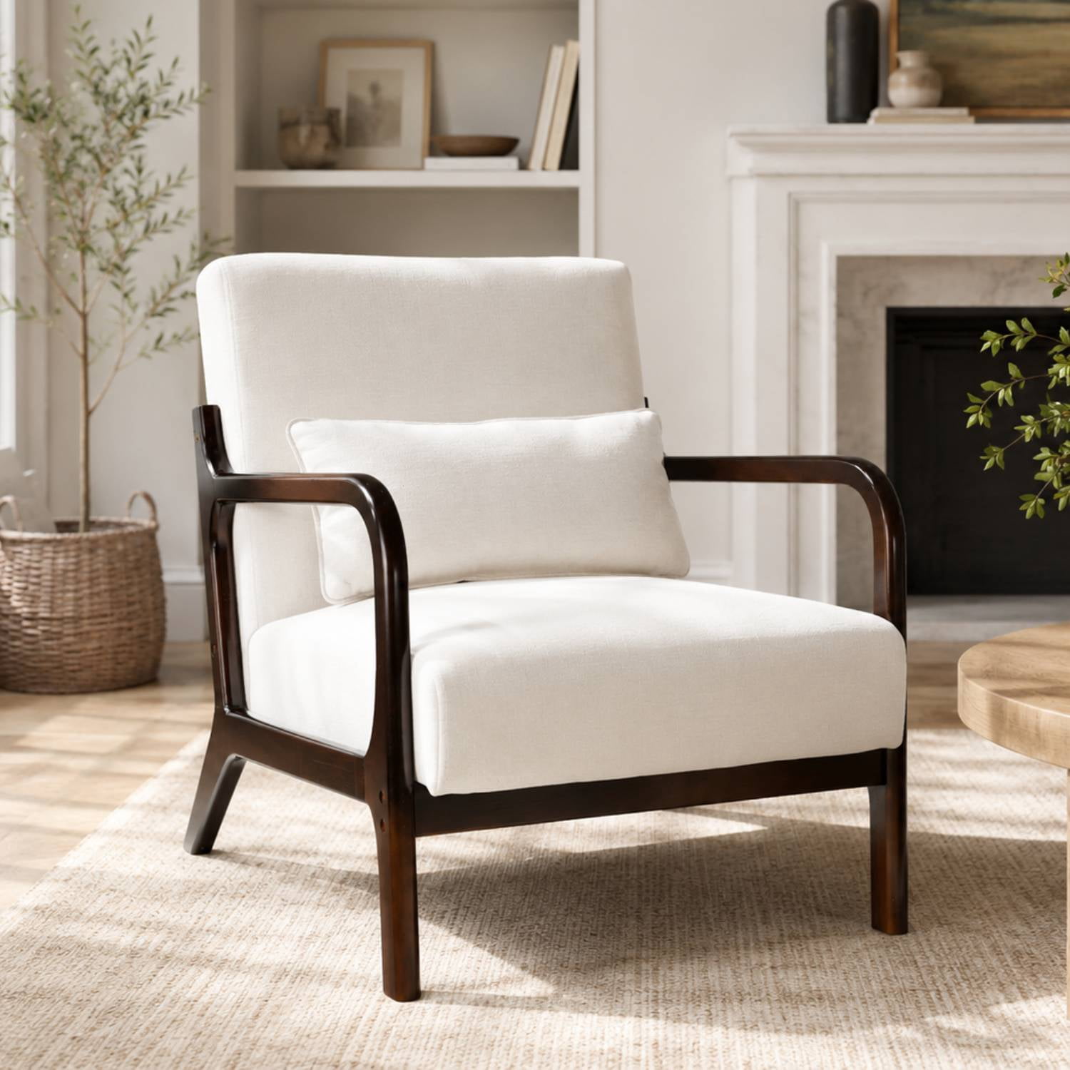 Mid Century Accent Chair with Solid Wood Frame, Upholstered Modern Reading Armchair with Lumbar Pillow, Comfy Lounge Chair for Living Room, Beige
