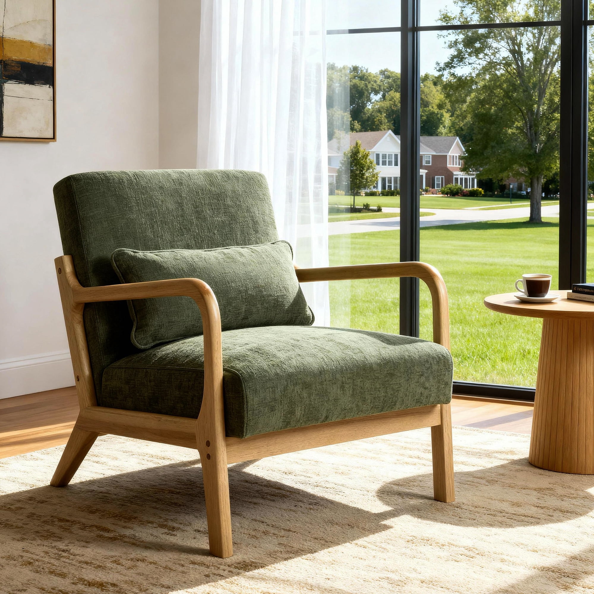Mid Century Accent Chair with Solid Wood Frame, Upholstered Modern Reading Armchair with Lumbar Pillow, Comfy Lounge Chair for Living Room, Green